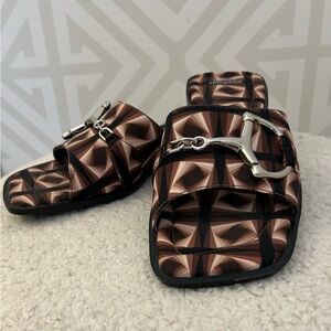 Jeffrey Campbell Brown and Black Geometric Slide Sandals